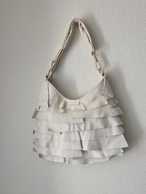 YSL Yves Saint Laurent Tropez Leather Layered Ruffle Shoulder Bag Cream & Gold